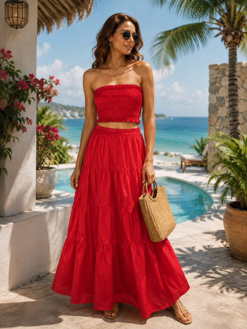 NWOT Kourt Red Ellery Set Bandeau Top and Tiered Ruffle Maxi Skirt Sz M